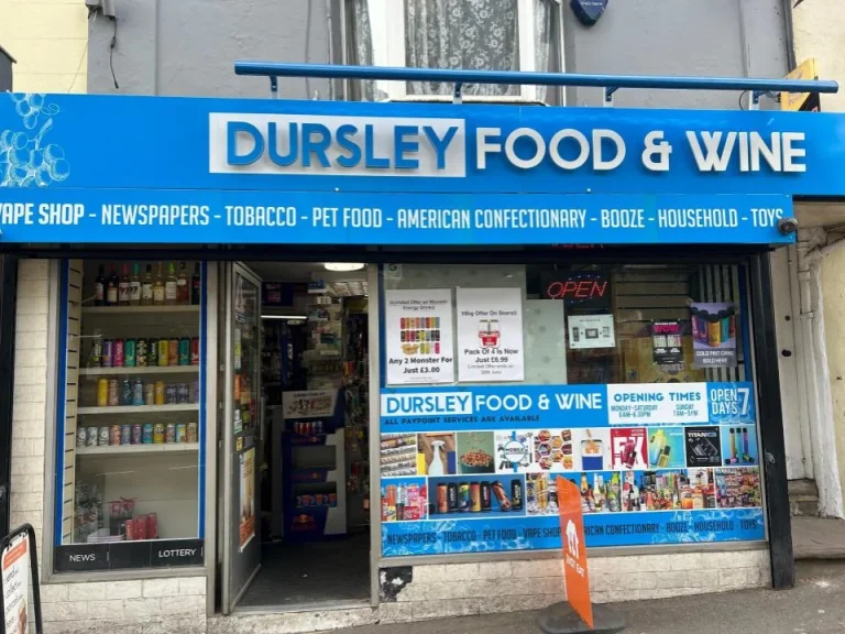 A blue shop front called Dursley Food and wine