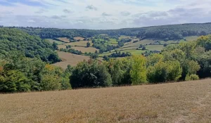 A view over a valley with patchwork fields in the distance and grassland in the near view